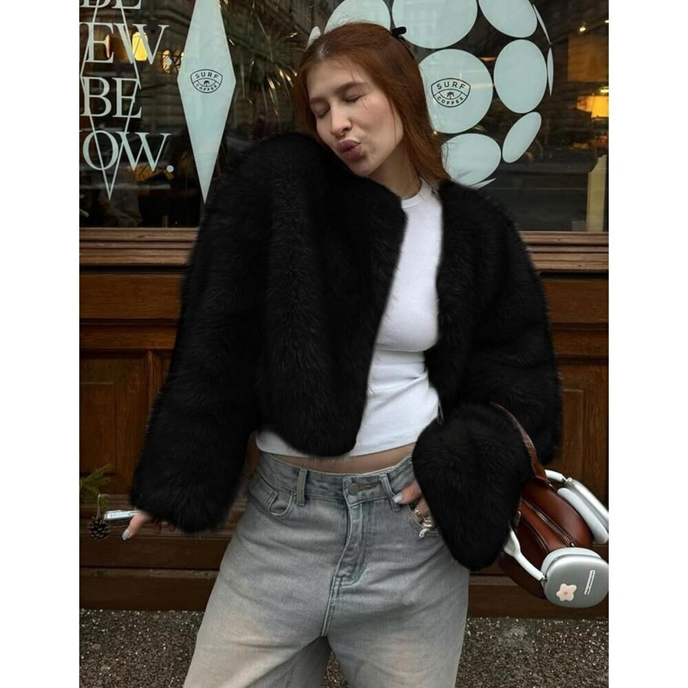 Women's Black Wyeysyt Faux Fur Cropped Coat Fluffy Open Front Warm Winter Jacket - Picture 5 of 8